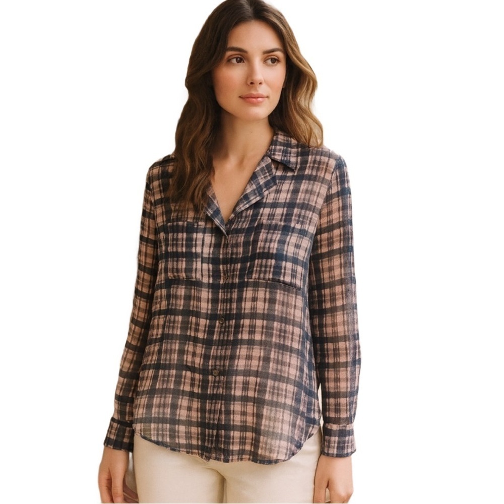 PHILOSOPHY Sheer Plaid Hi Lo Hem Top